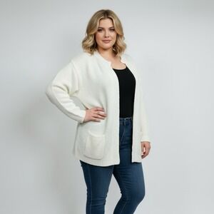 Plus Size Cream White‎ Open Front Knit Cardigan Sweater with Pockets Womens